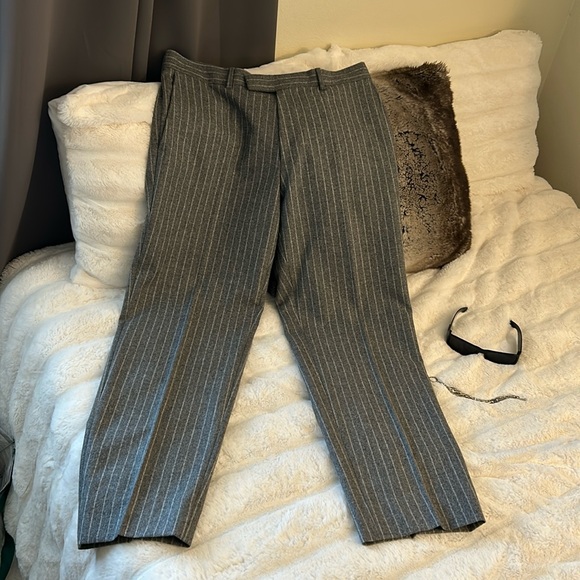 Hugo Boss Vtg wool grey pinstriped unisex wide straight leg trouser pants L XL - Picture 2 of 14